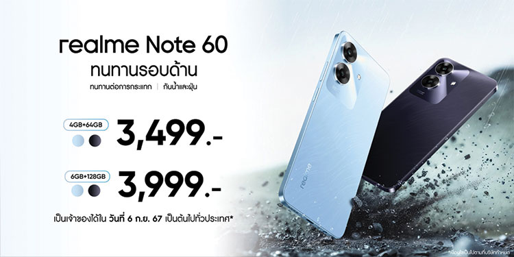 “realme Note 60” ปฏิวัติมาตรฐานบัดเจ็ตโฟนยุคใหม่ ด้วยกลไกปกป้องตัวเครื่อง ArmorShell™ Protection พร้อมประกาศราคาในไทยเริ่มต้นที่ 3,499 บาท